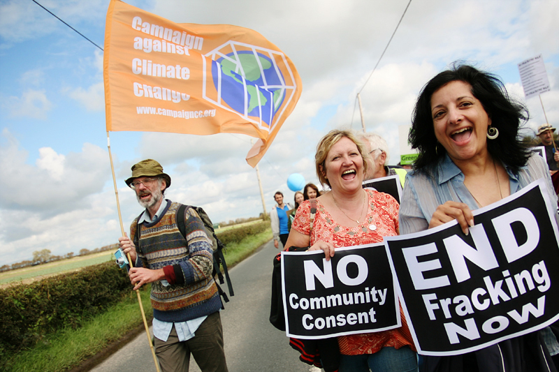Climate campaigners on Camp Frack march to oppose Britain's first hydraulic fracturing shale gas well. <br />Photo for Campaign against Climate Change. <br />UNITED KINGDOM, Southport | 2011