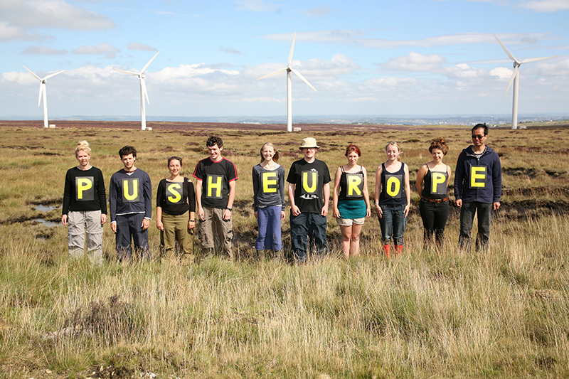 From the Ovenden Moor Wind Farm, young people call on Europe to commit to the reductions in CO2 that scientists say <br />are needed to keep our planet safe from dangerous climate change. Photo for Young Friends of the Earth and Push Europe. <br />UNITED KINGDOM, Yorkshire, Ogden Moor | 2011